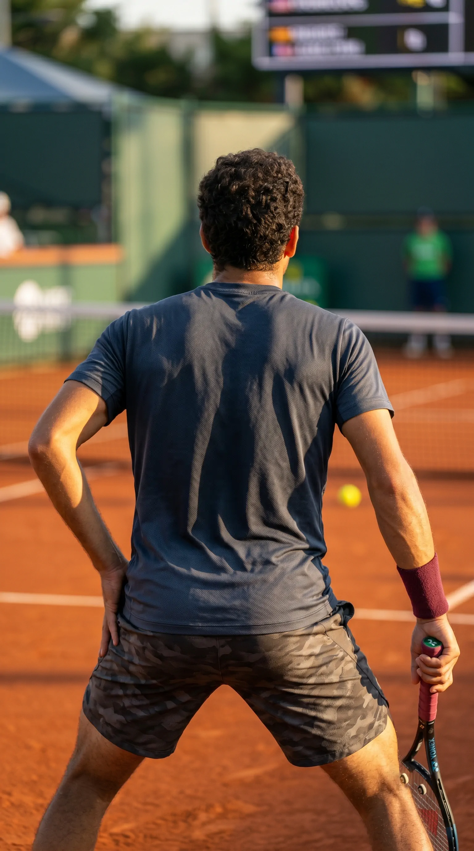 Player on the baseline of an outdoor clay court