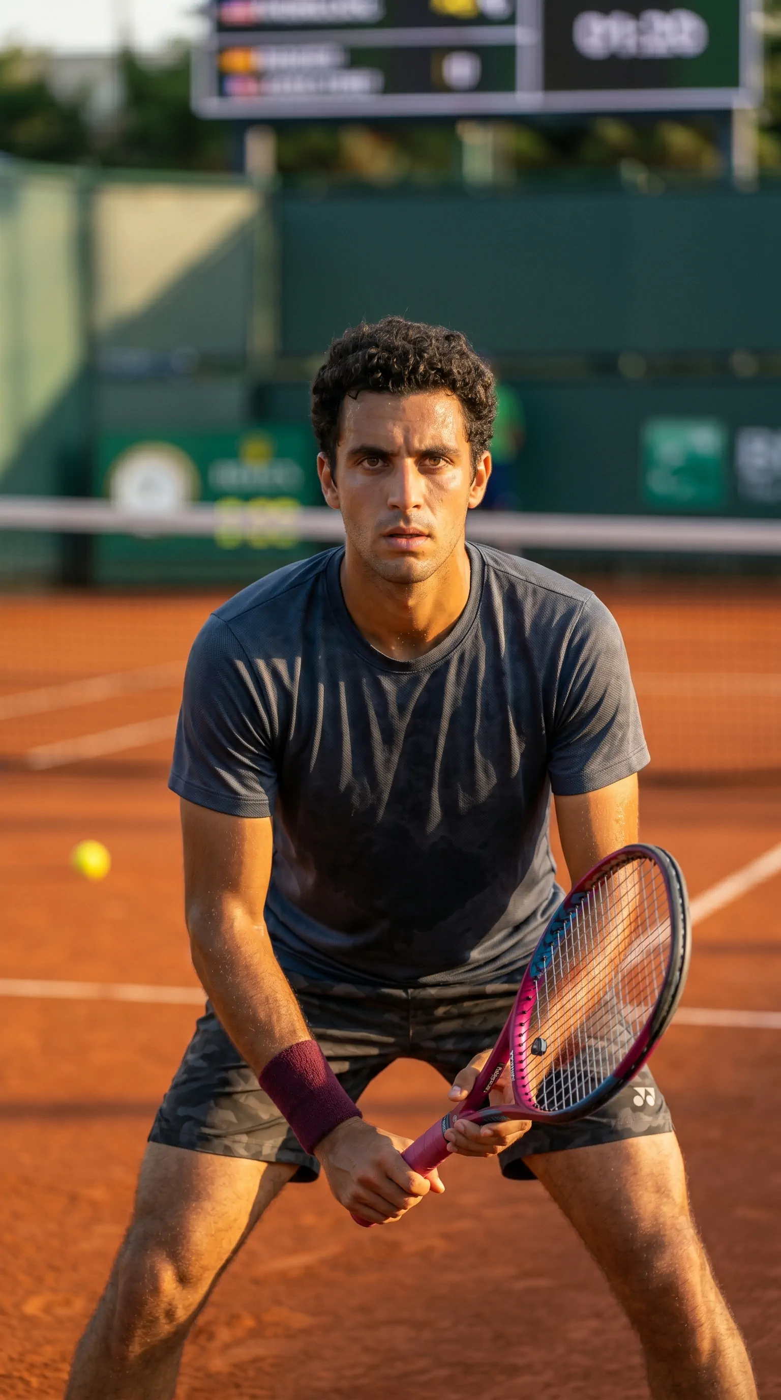 Head coach set in a ready stance on clay